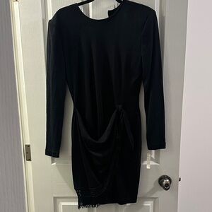 Elegant Black Long Sleeve Dress with Fringe Accent